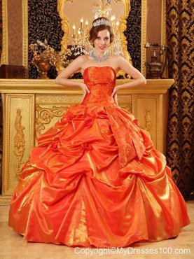 Bright Orange Strapless Floor-length Quinceanera Dresses with Pick-ups