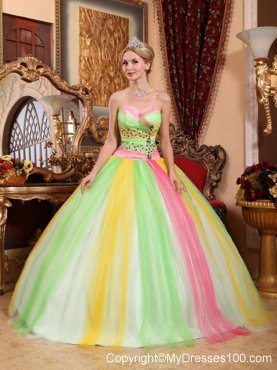 Impressive Rainbow Multi-color Beaded Sweet 15 Party Dresses