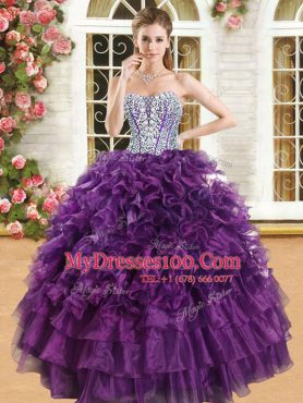 Excellent Ruffled Purple Sleeveless Organza Lace Up 15th Birthday Dress for Military Ball and Sweet 16 and Quinceanera