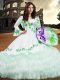 White Square Neckline Embroidery and Ruffled Layers Vestidos de Quinceanera Long Sleeves Lace Up