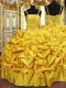 High Quality Gold Sleeveless Beading and Pick Ups Floor Length Quinceanera Dress