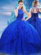 Royal Blue Ball Gowns High-neck Sleeveless Tulle Brush Train Lace Up Beading and Ruffles 15th Birthday Dress