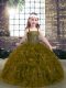 Olive Green Ball Gowns Straps Sleeveless Organza Floor Length Lace Up Beading and Ruffles Pageant Gowns For Girls