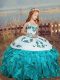 Dramatic Aqua Blue Lace Up Straps Embroidery and Ruffles Child Pageant Dress Organza Sleeveless