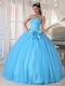 Aqua Blue Sweetheart Floor-length Beading and Bow Quinceanera Party Dress