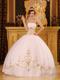 White Ball Gown Strapless Floor-length Quinceanera Dress with Gold Appliques