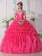 Hot Pink Strapless Quinceanera Dress with Embroidery and Beading