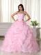 Pink Ball Gown Strapless Organza Pick-ups Beaded Quinceanera Dress