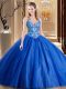 Amazing Sleeveless Tulle Floor Length Lace Up Quince Ball Gowns in Blue with Beading and Appliques