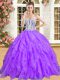 Flare Purple Organza Lace Up Quinceanera Gowns Sleeveless Floor Length Beading and Ruffles