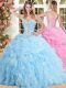 Sleeveless Floor Length Beading and Appliques and Ruffles and Pick Ups Lace Up Sweet 16 Dresses with Baby Blue