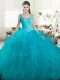 Ideal Straps Teal Ball Gowns Beading and Ruffles Quinceanera Gowns Zipper Tulle Sleeveless Floor Length