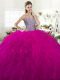 Pretty Fuchsia Lace Up Quinceanera Gown Beading and Ruffles Sleeveless Floor Length