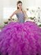 Fuchsia Quinceanera Gown Military Ball and Sweet 16 and Quinceanera and For with Beading and Ruffles Sweetheart Sleeveless Lace Up