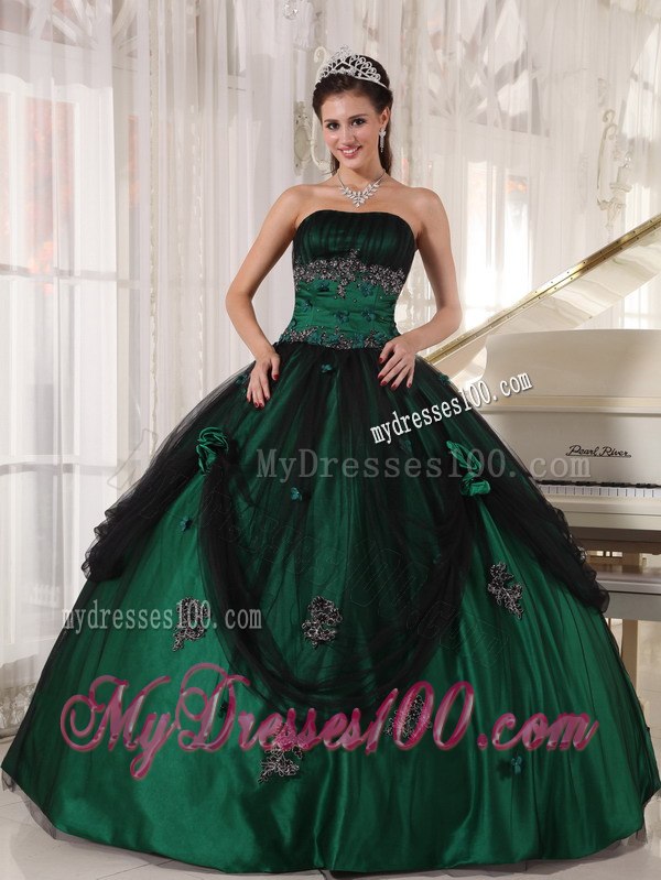 Strapless Floor-length Green Quinceanera Gown Tulle and Taffeta Beading