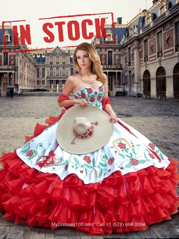 Luxurious White and Red Quinceanera Dresses with Ruffled Layers and Embroidery