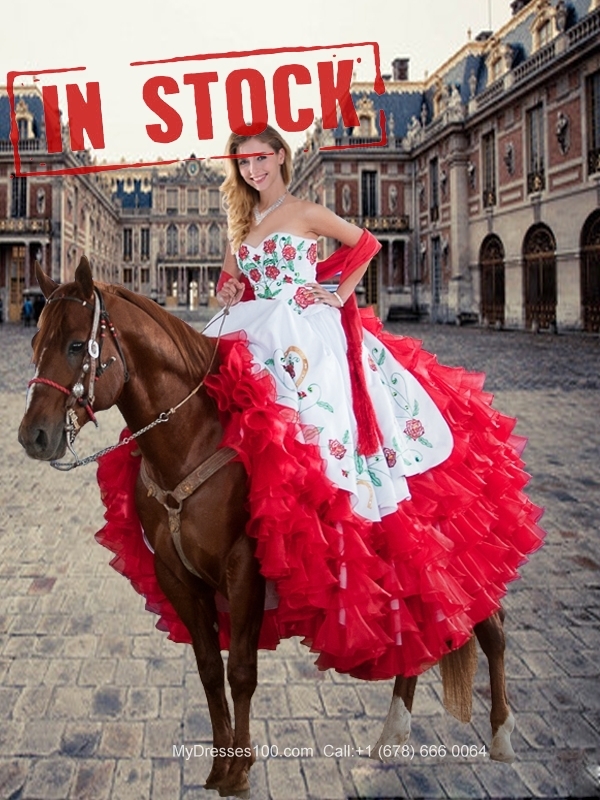 Luxurious White and Red Quinceanera Dresses with Ruffled Layers and Embroidery