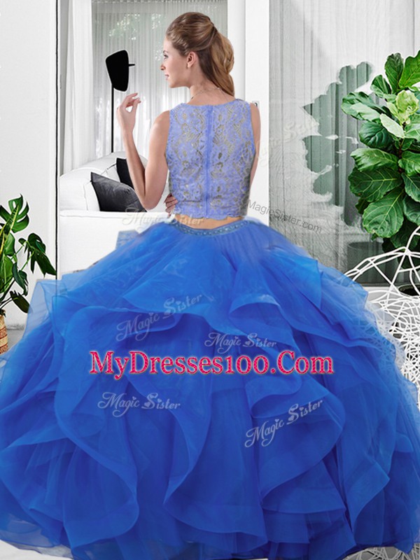 Sumptuous Blue Scoop Zipper Lace and Ruffles Quince Ball Gowns Sleeveless