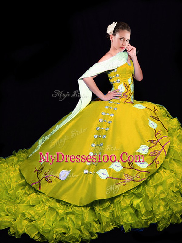 Suitable Sweetheart Sleeveless Organza Quinceanera Dresses Embroidery and Ruffles Brush Train Lace Up