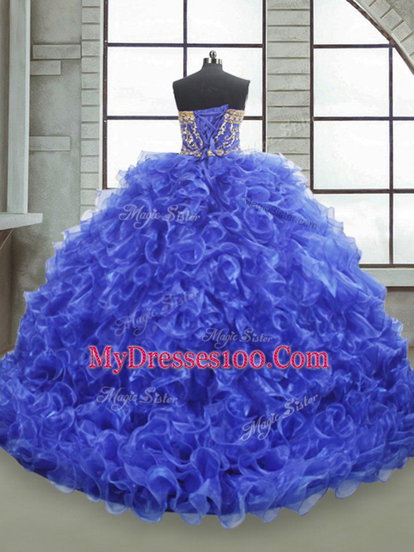 Royal Blue Lace Up Quinceanera Gown Beading and Appliques and Ruffles Sleeveless Floor Length