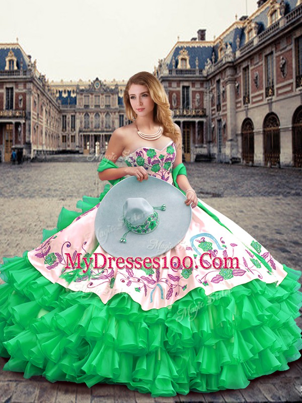 Inexpensive Green Quinceanera Dresses Military Ball and Sweet 16 and Quinceanera with Embroidery and Ruffled Layers Sweetheart Sleeveless Lace Up