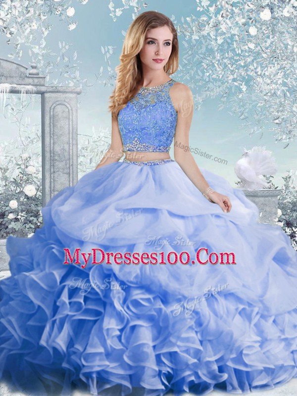 Stylish Sleeveless Floor Length Beading and Ruffles and Pick Ups Clasp Handle Vestidos de Quinceanera with Baby Blue