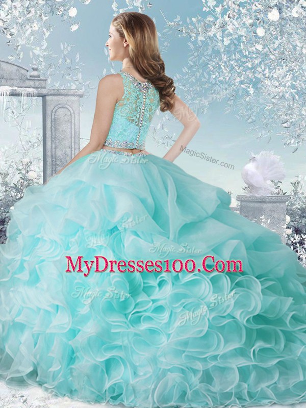 Stylish Sleeveless Floor Length Beading and Ruffles and Pick Ups Clasp Handle Vestidos de Quinceanera with Baby Blue