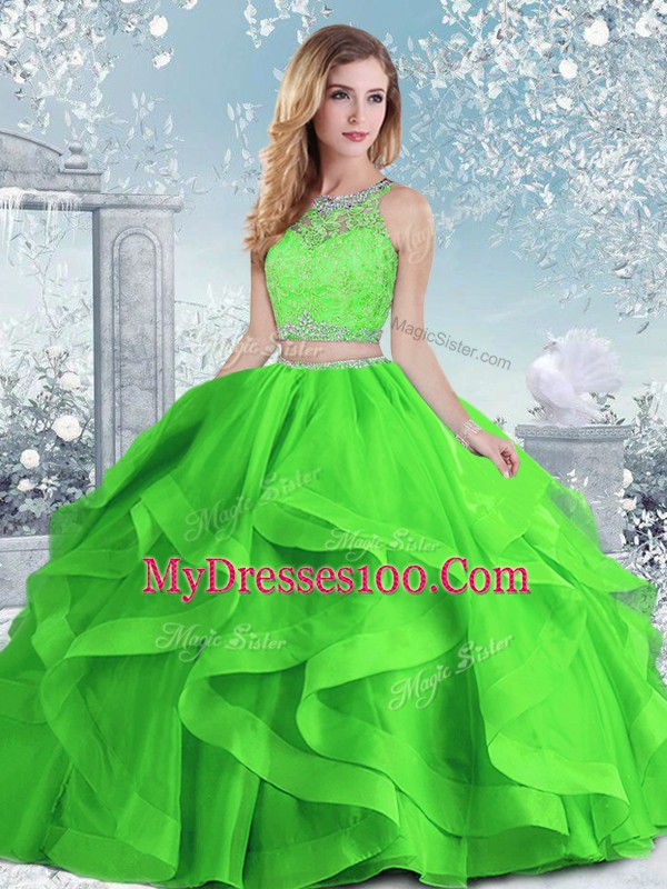 Organza Scoop Sleeveless Clasp Handle Beading and Ruffles Quinceanera Gown in