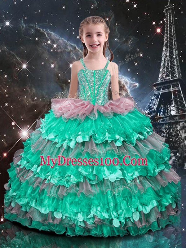 Turquoise Ball Gowns Beading and Ruffled Layers Kids Pageant Dress Lace Up Organza Sleeveless Floor Length