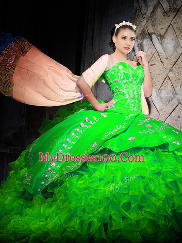 Exquisite Sleeveless With Train Embroidery and Ruffles Lace Up Quinceanera Gown with Green Brush Train