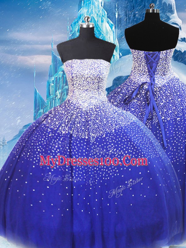 Cute Blue Sleeveless Floor Length Beading Lace Up Ball Gown Prom Dress