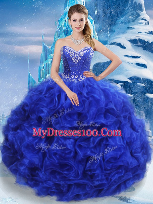 Sleeveless Organza Floor Length Lace Up Quinceanera Gowns in Royal Blue with Beading