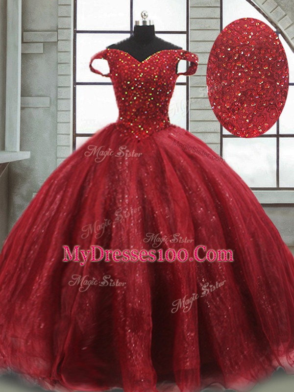 Wine Red Ball Gowns Off The Shoulder Sleeveless Tulle Brush Train Lace Up Beading Sweet 16 Quinceanera Dress