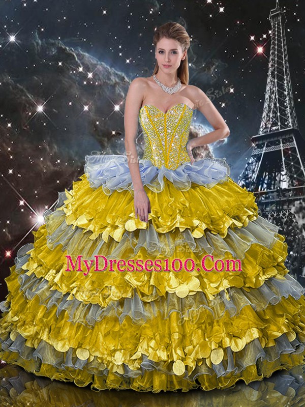 Sleeveless Floor Length Beading and Ruffled Layers Lace Up Quinceanera Gown with Multi-color