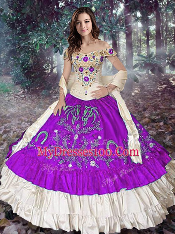 Modest Eggplant Purple Sleeveless Floor Length Embroidery and Ruffled Layers Lace Up Quinceanera Dress