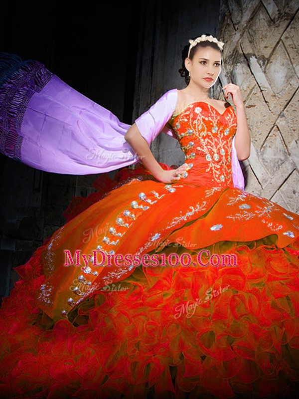 Custom Fit Lace Up Vestidos de Quinceanera Orange Red for Military Ball and Sweet 16 and Quinceanera with Embroidery and Ruffles Brush Train