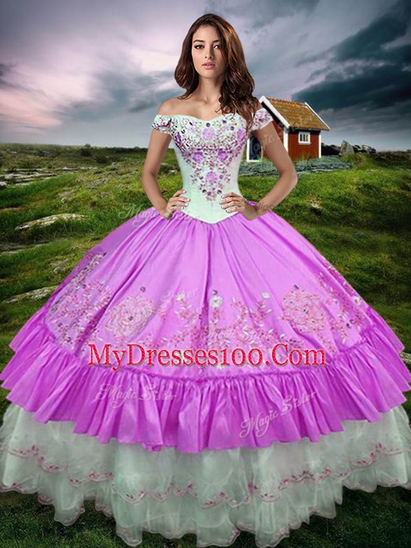 Lilac Taffeta Lace Up Quinceanera Dress Sleeveless Floor Length Beading and Embroidery and Ruffled Layers