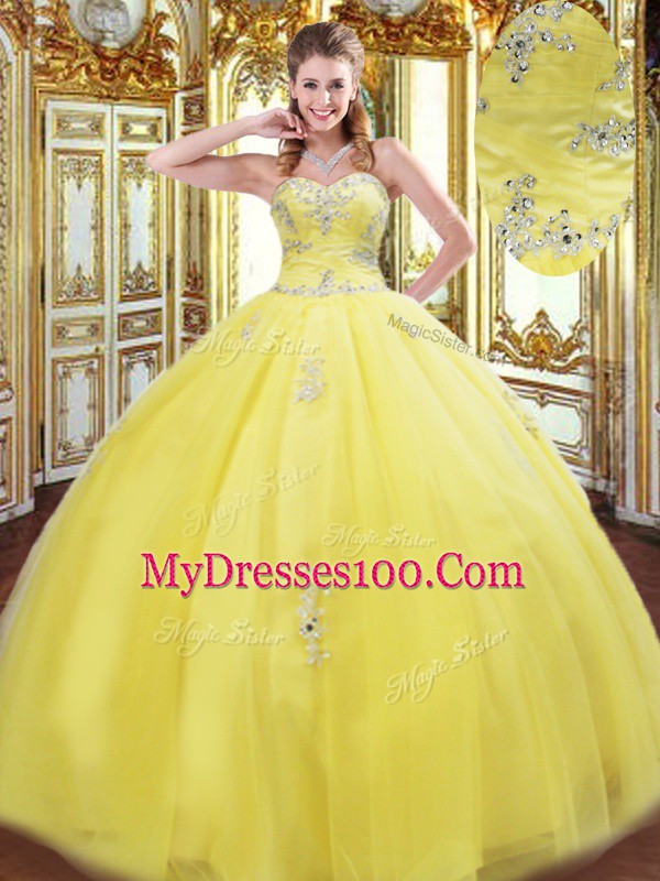 Sleeveless Floor Length Beading and Appliques Lace Up Quinceanera Gown with Yellow