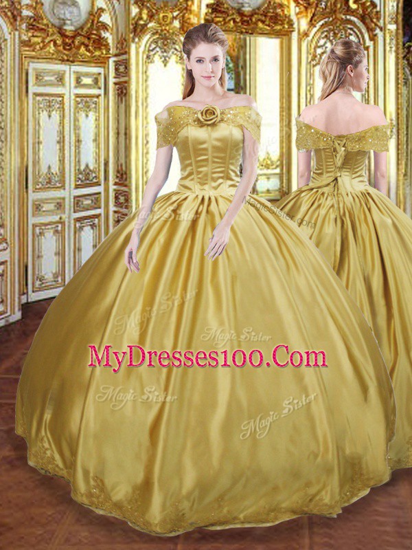 Super Sleeveless Tulle Floor Length Lace Up Vestidos de Quinceanera in Gold with Beading and Appliques and Hand Made Flower