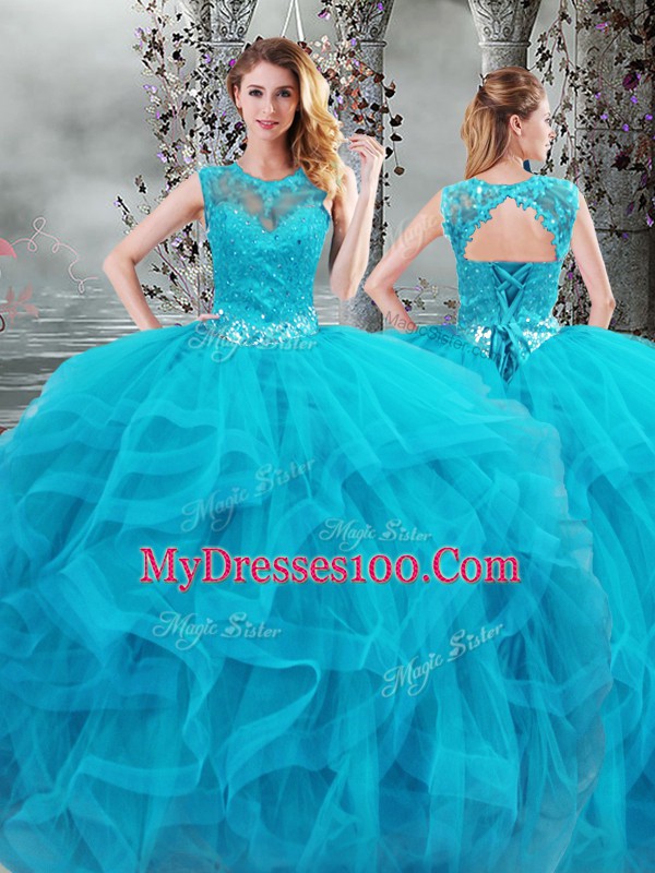 Baby Blue Sleeveless Beading and Ruffles Floor Length Quinceanera Dress