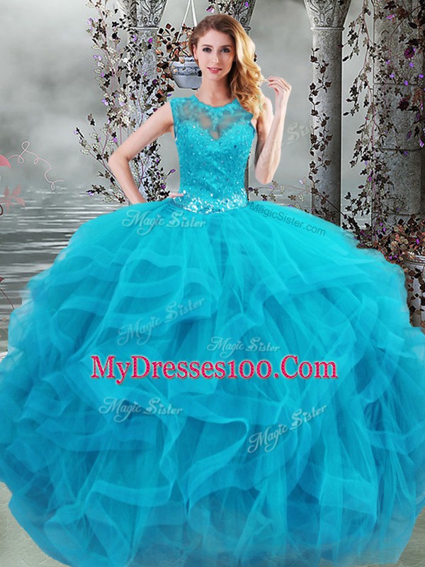 Baby Blue Sleeveless Beading and Ruffles Floor Length Quinceanera Dress