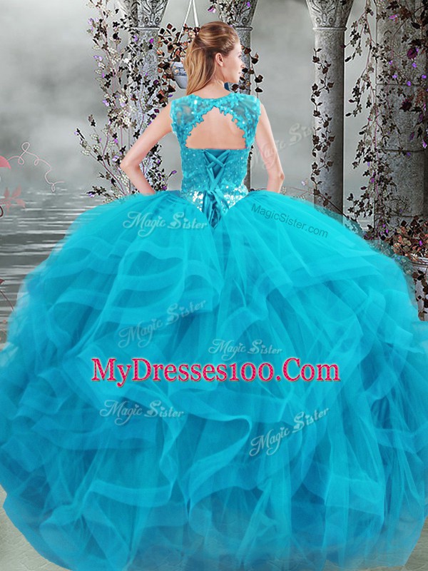 Baby Blue Sleeveless Beading and Ruffles Floor Length Quinceanera Dress