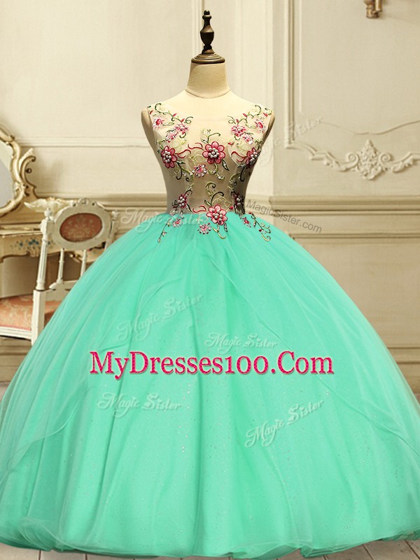 Sumptuous Apple Green Ball Gowns Organza Scoop Sleeveless Appliques Floor Length Lace Up Sweet 16 Dresses