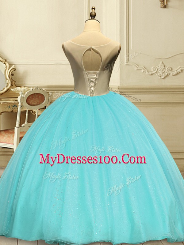 Sumptuous Apple Green Ball Gowns Organza Scoop Sleeveless Appliques Floor Length Lace Up Sweet 16 Dresses