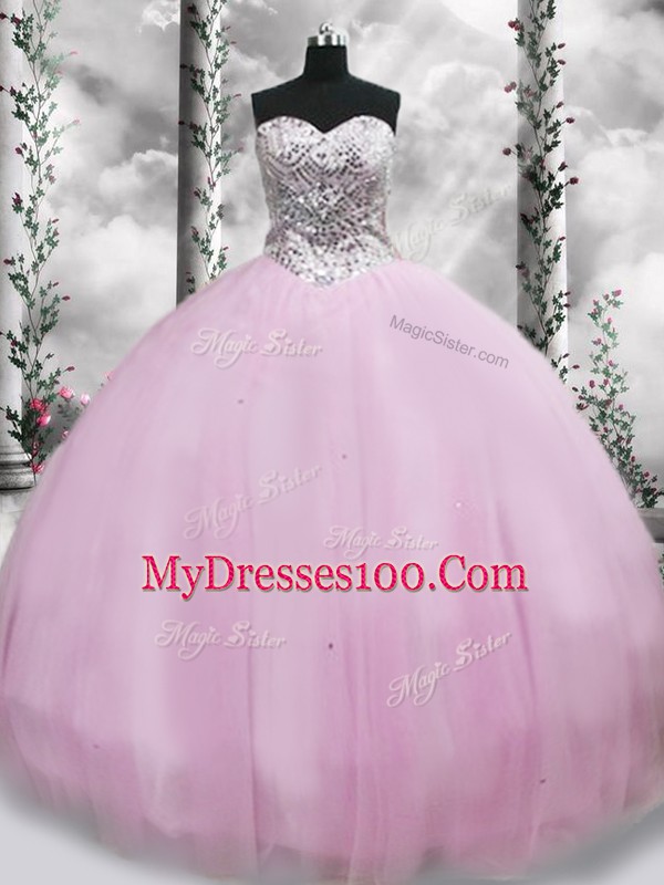 Lilac Ball Gowns Beading Ball Gown Prom Dress Lace Up Tulle Sleeveless