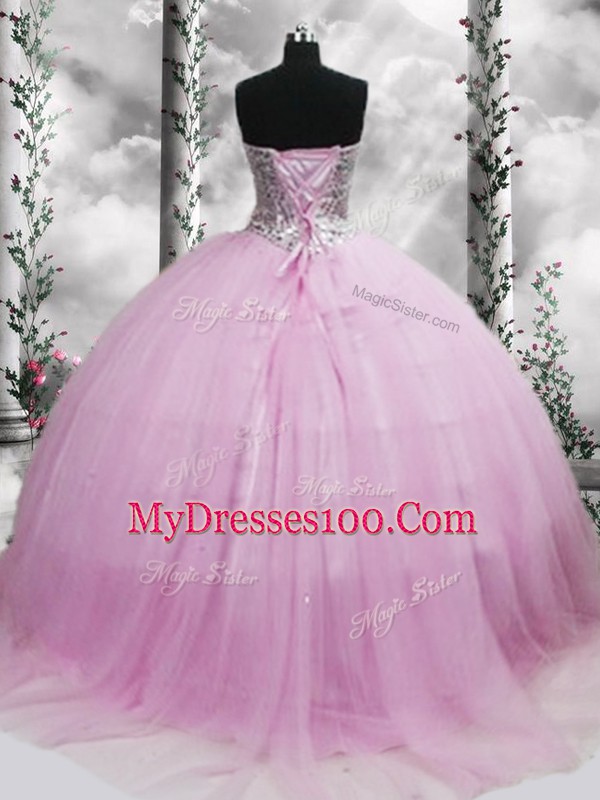 Lilac Ball Gowns Beading Ball Gown Prom Dress Lace Up Tulle Sleeveless