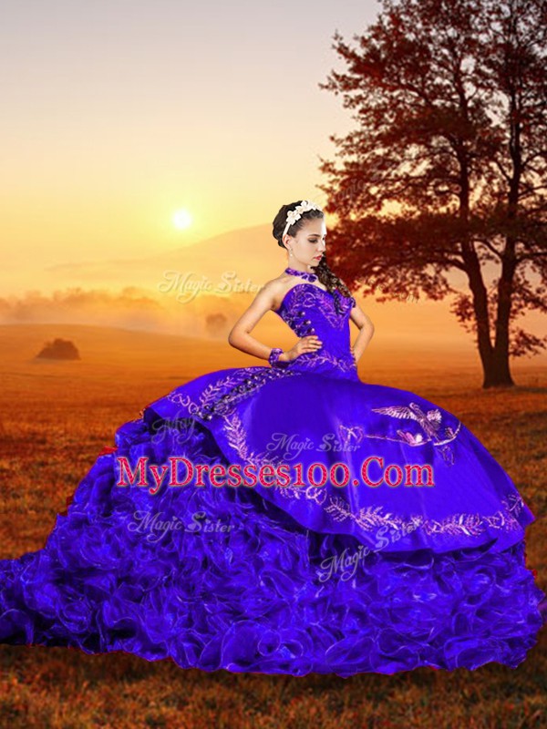 Glamorous Sweetheart Sleeveless 15 Quinceanera Dress Brush Train Embroidery and Ruffles Purple Organza