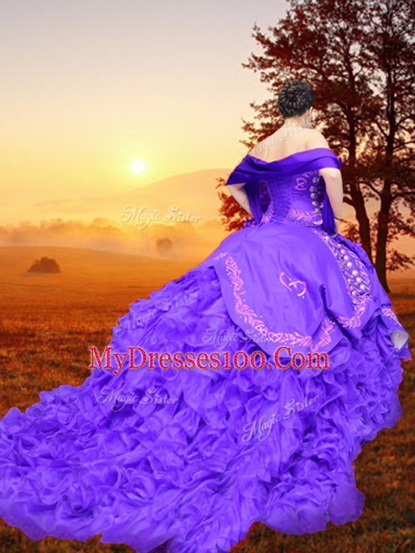 Glamorous Sweetheart Sleeveless 15 Quinceanera Dress Brush Train Embroidery and Ruffles Purple Organza