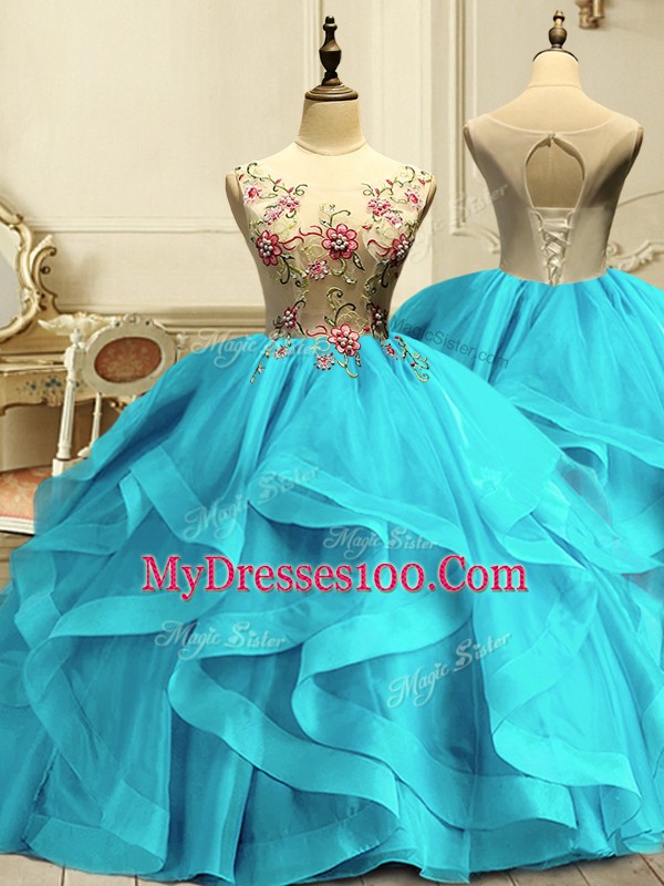 Fashion Sleeveless Floor Length Appliques and Ruffles Lace Up Vestidos de Quinceanera with Aqua Blue