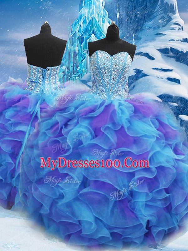 Popular Sweetheart Sleeveless Lace Up 15 Quinceanera Dress Blue Organza